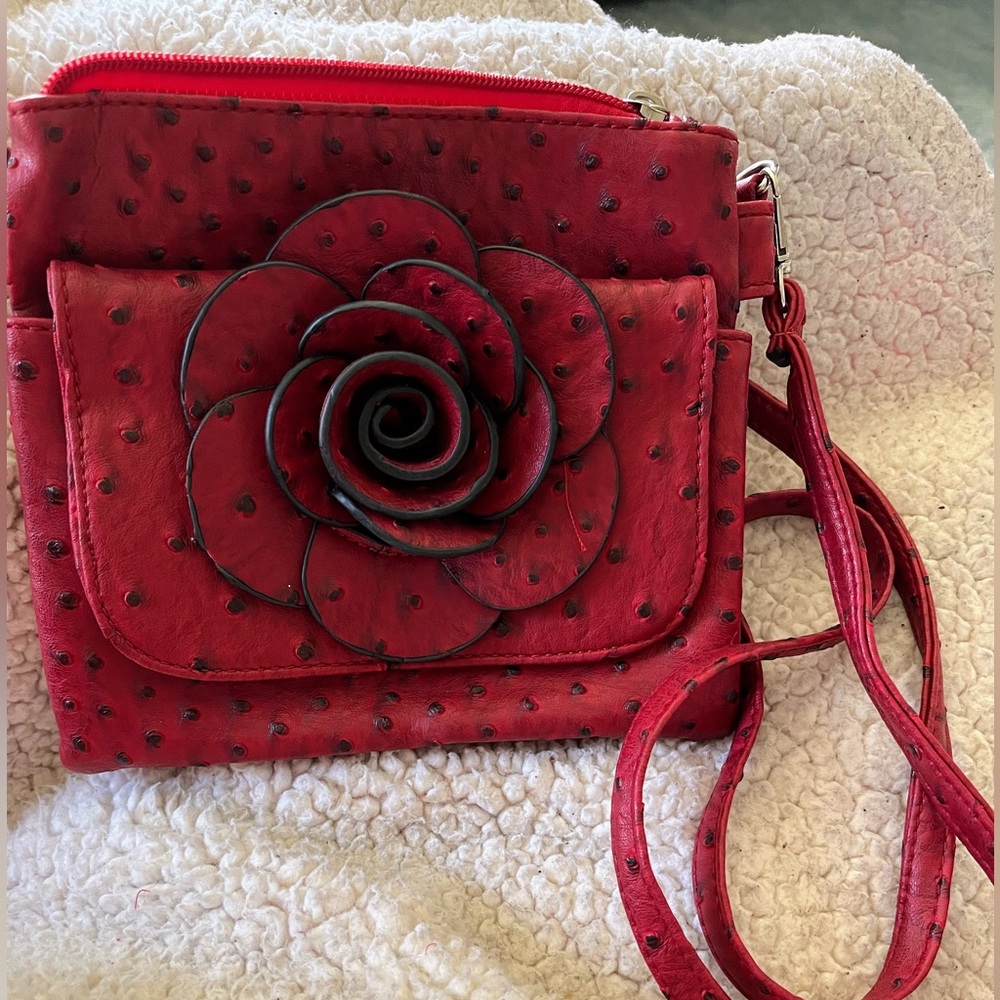 Red Flower Leather Crossbody Purse